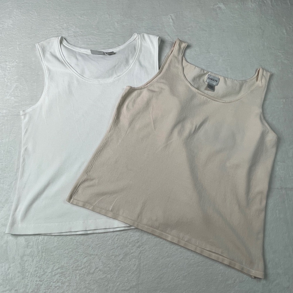 Chicos Tank Top Bundle Women Size 3 White Beige Excellent Silk Cotton Ribbed